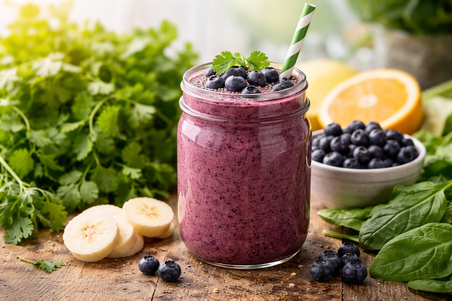 Heavy metal detox, smoothie with cilantro, wild, blueberries, banana orange