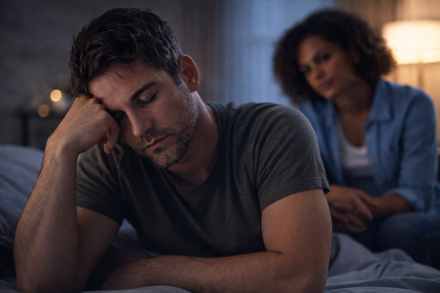 Man sitting in emotional distress with a supportive partner nearby, representing depression and mental health challenges associated with epilepsy.