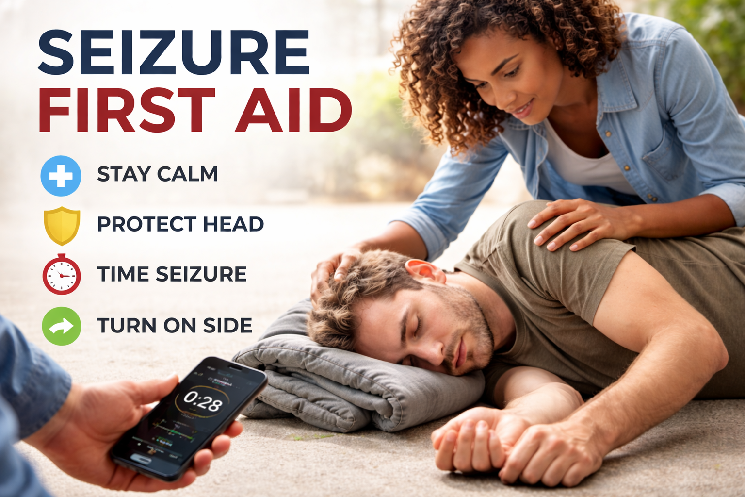 Seizure first aid image showing a person lying safely on their side while helpers protect the head and time the seizure.