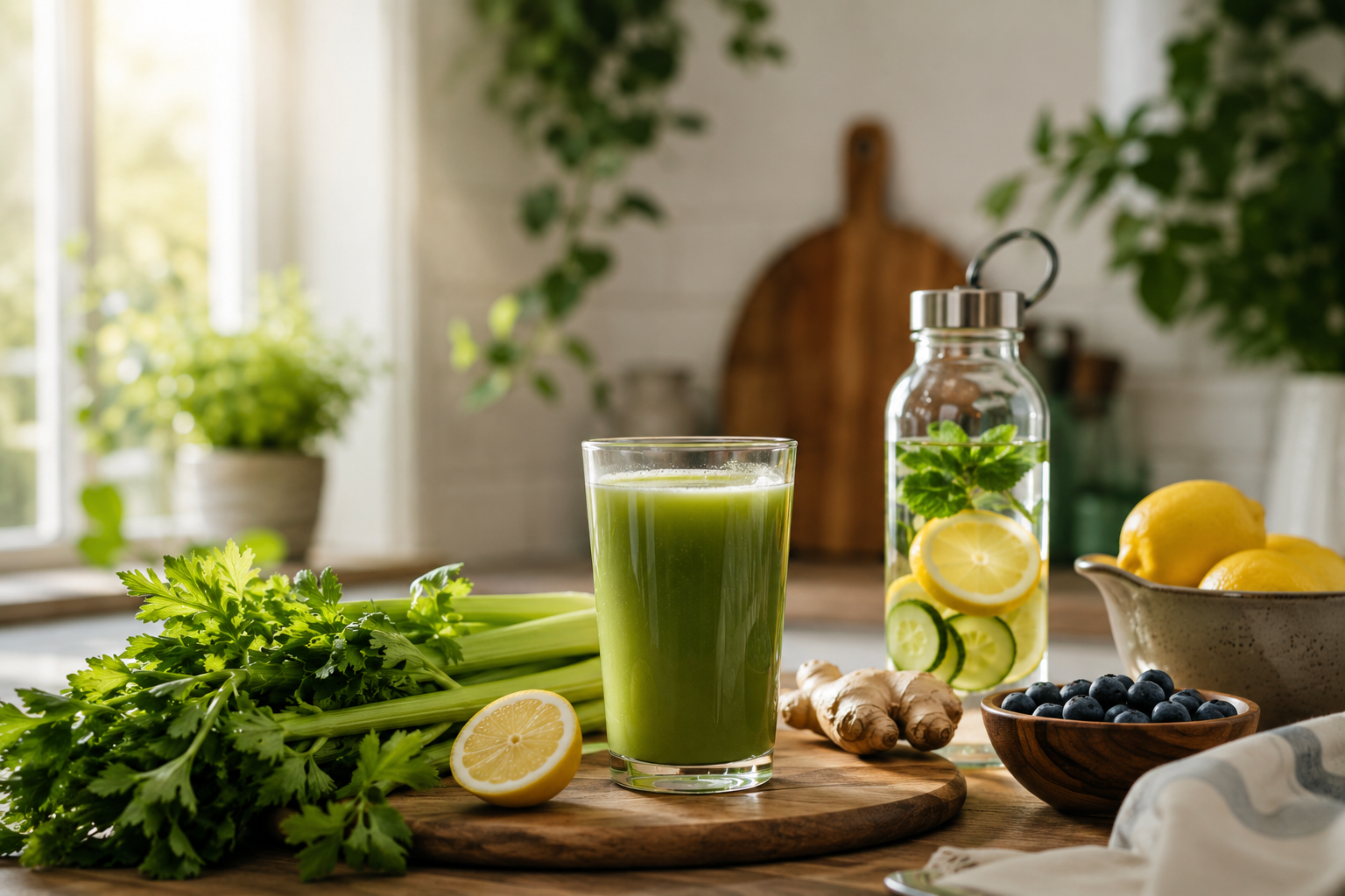 Fresh celery, green juice, lemon, ginger, blueberries, and infused water arranged in a natural wellness kitchen setting.