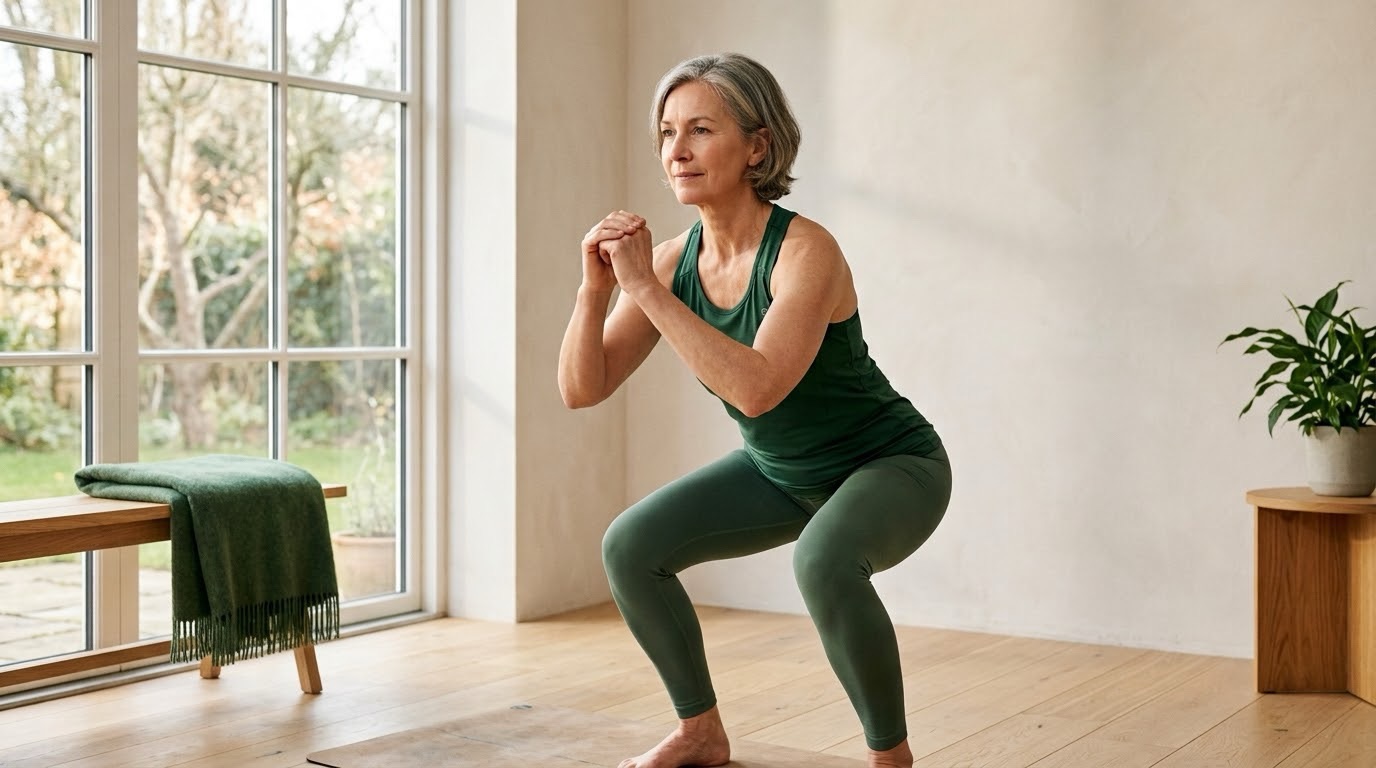 Person in midlife doing bodyweight strength training in a bright, minimalist home space