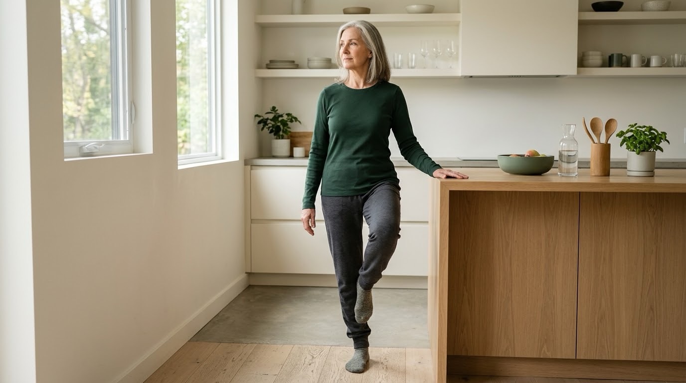 Woman practicing a single-leg balance stance near a kitchen counter, one hand resting on the counter for light support