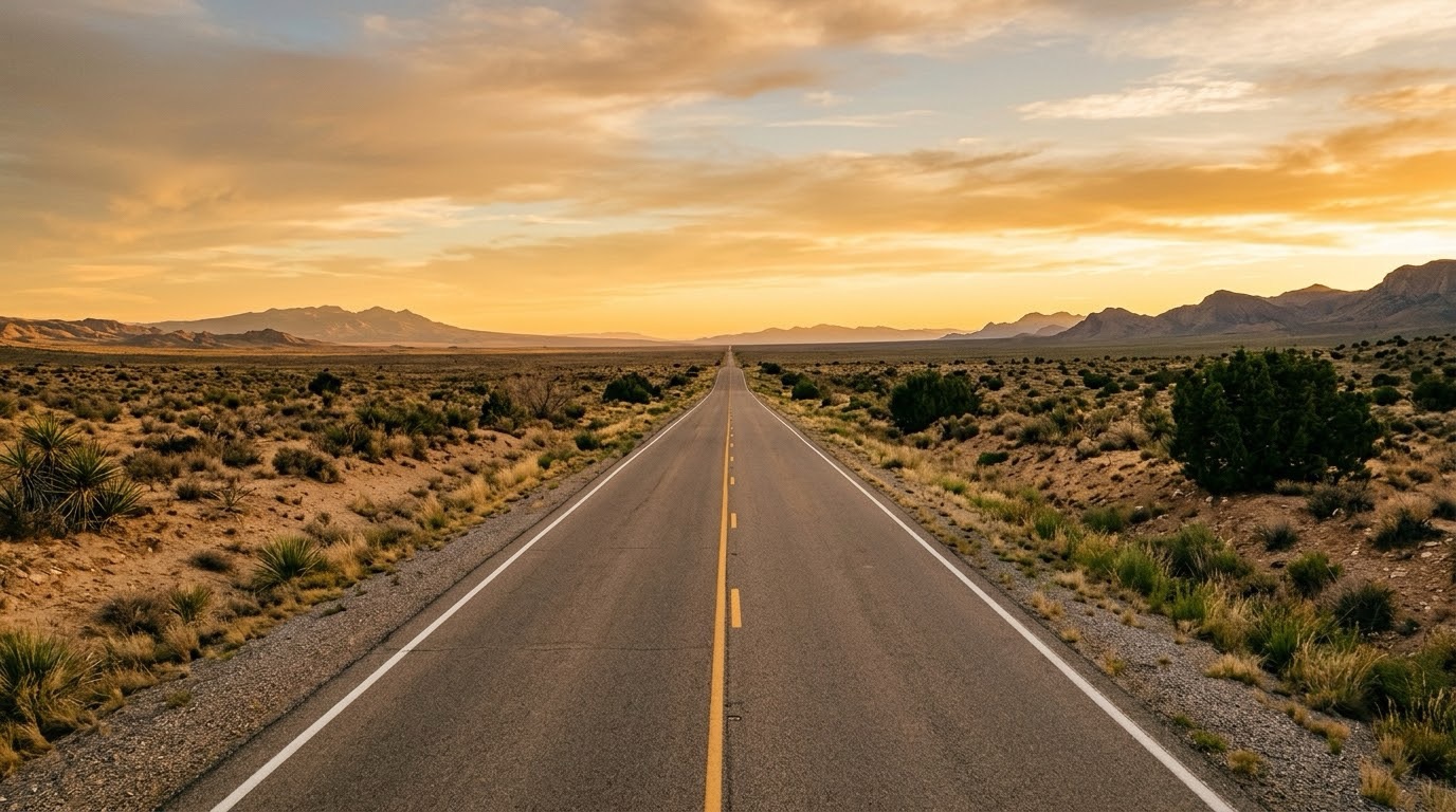 Empty two-lane desert highway stretching toward the horizon at golden hour