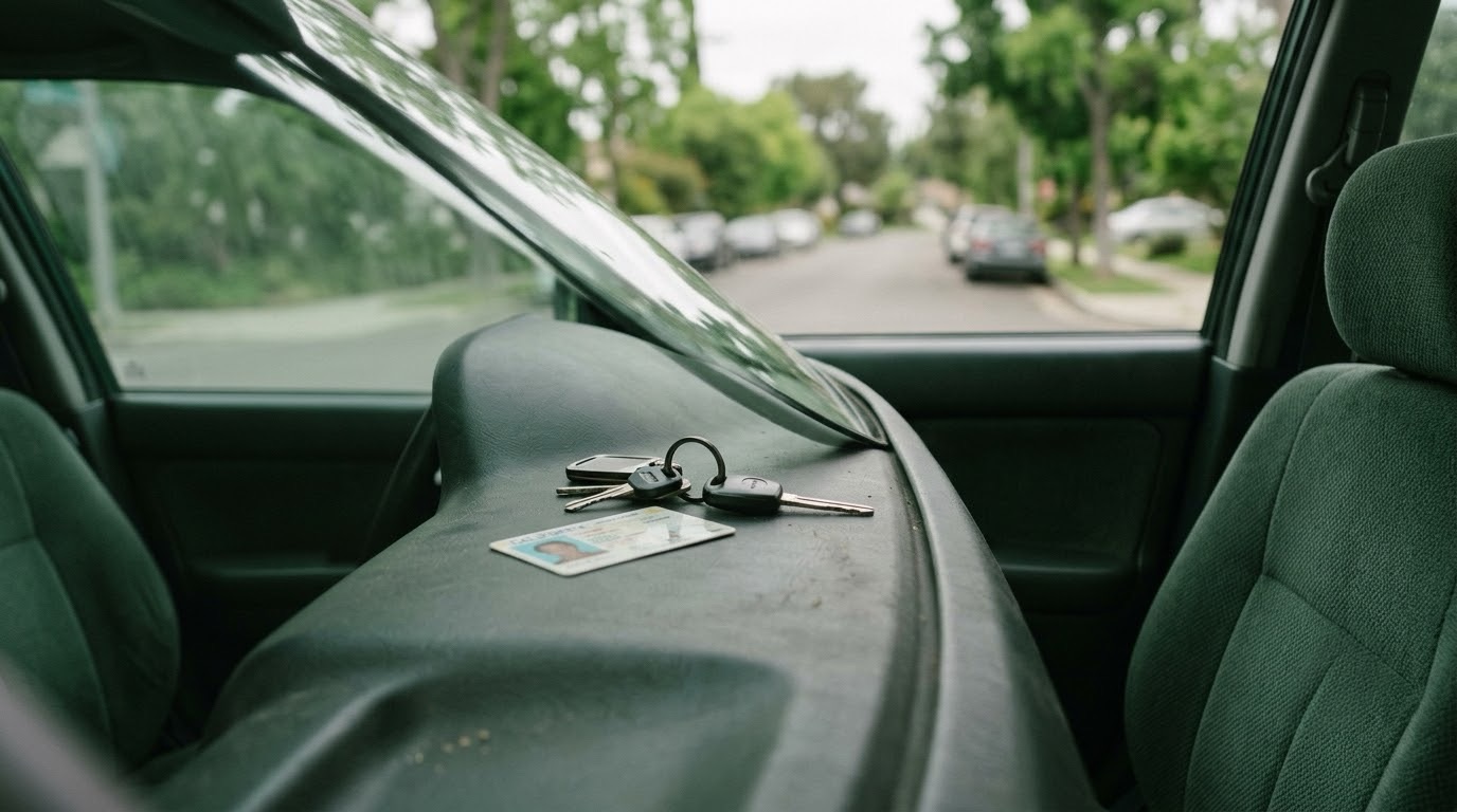 Car keys resting on a dashboard next to a driver's license