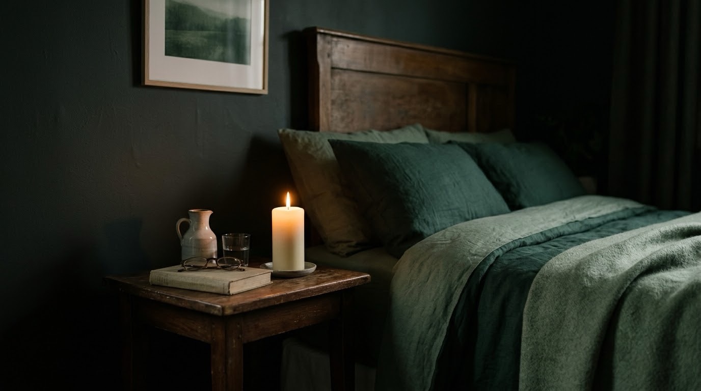 A single lit candle on a nightstand in a dim, quiet bedroom