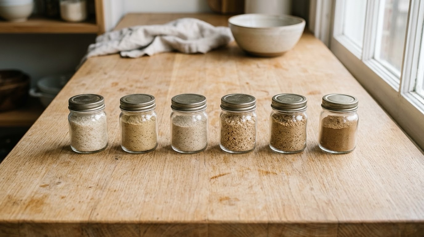 Small glass jars of different fiber powders arranged on a wooden kitchen counter, natural light