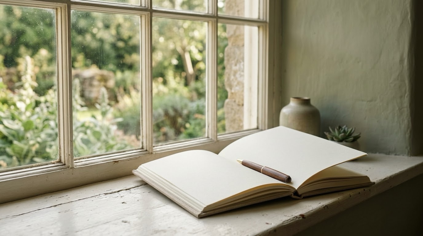 An open notebook and pen resting on a windowsill in soft morning light
