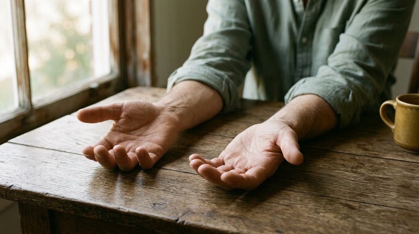 Two hands resting open and relaxed on a wooden table in soft natural morning light, palms up