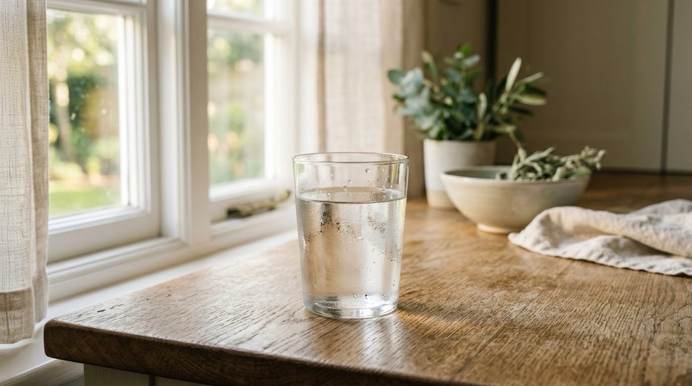 A plain glass of water on a sunlit kitchen counter, representing questioning an ordinary daily input