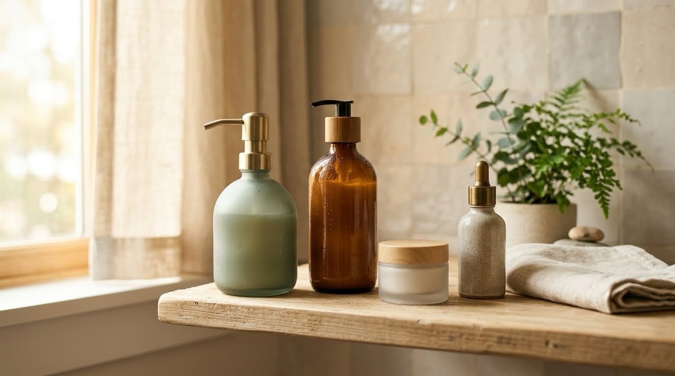 Simple unlabeled personal care bottles on a bathroom shelf, representing everyday products used without reading the label