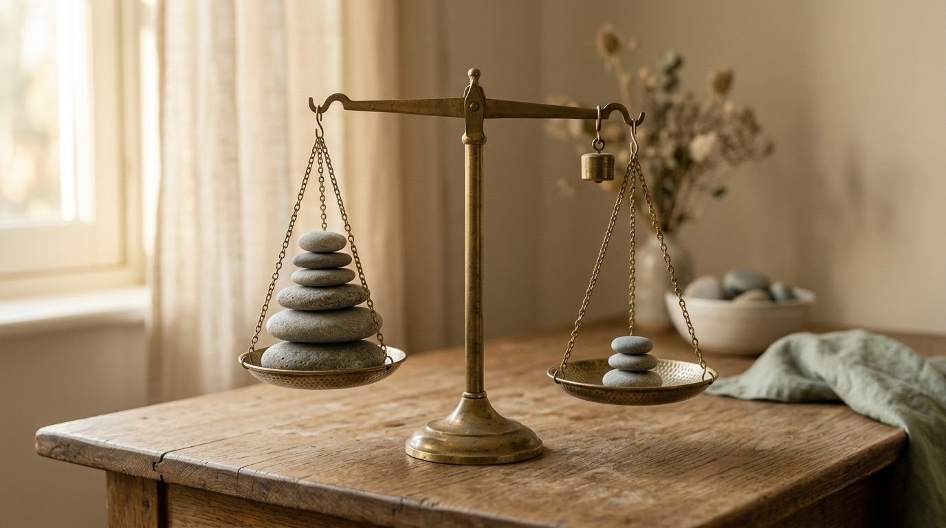 A balanced scale with evenly stacked stones, representing the body's total cumulative load