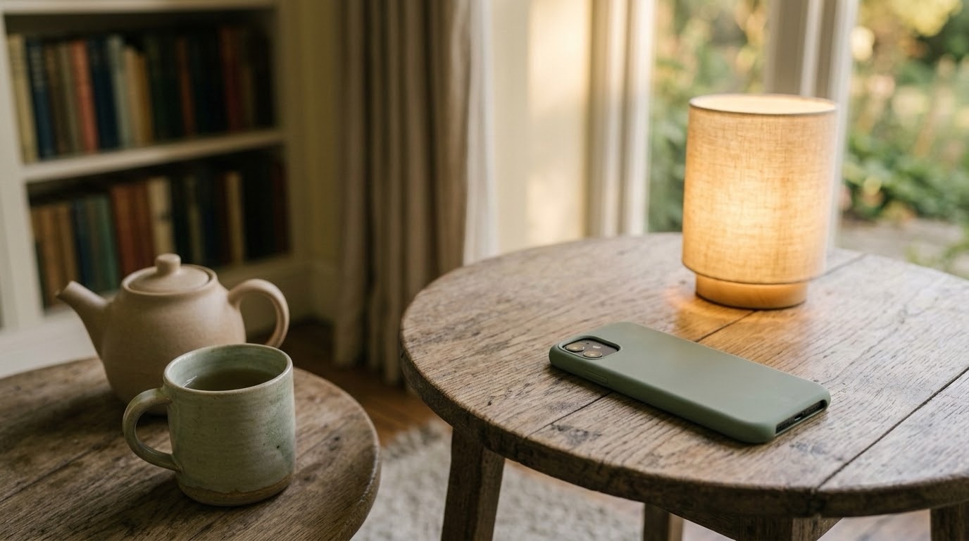 A softly lit lamp, teapot, and phone resting on a wooden table in a reading nook, representing stepping back from constant digital stimulation