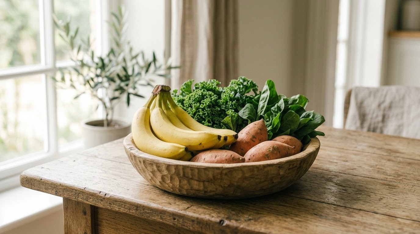 A wooden bowl of bananas, leafy greens, and sweet potatoes, representing potassium-rich whole foods