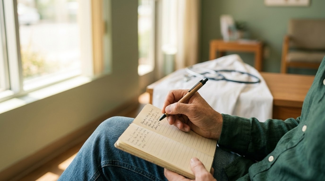A hand writing questions in a notebook in a warmly lit doctor's waiting room, with a stethoscope softly blurred in the background