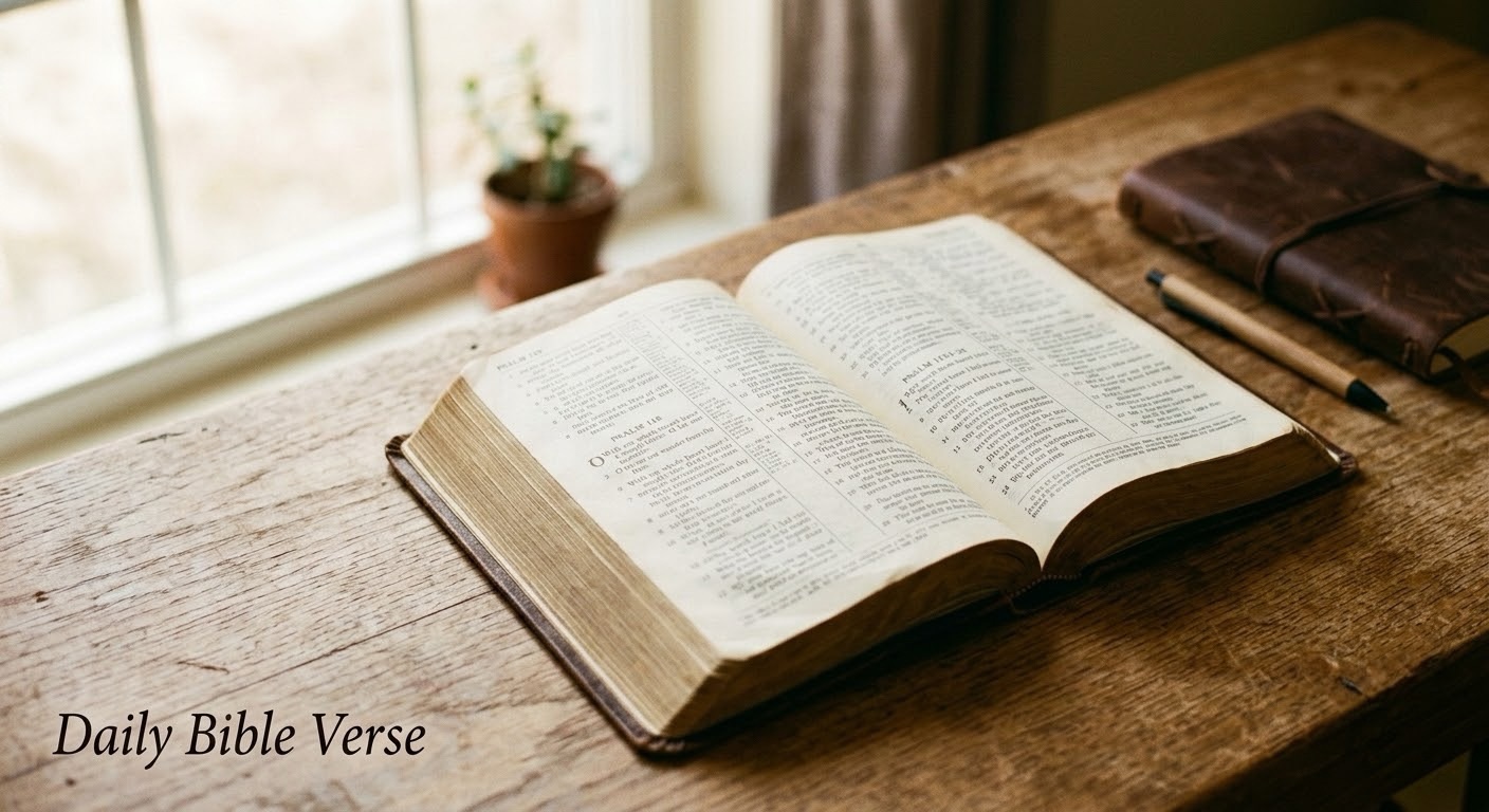 An open Bible on a wooden surface with a leather journal and pen softly out of focus, warm natural window light