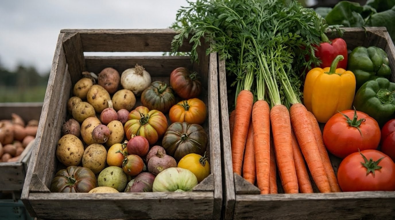 A colorful farm stand produce table filled with organic vegetables and fruit in warm afternoon light