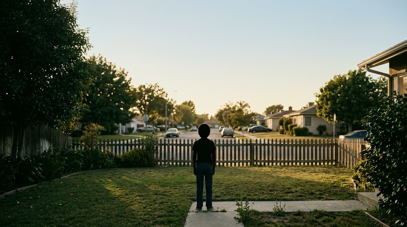 A child's silhouette standing alone in a sunlit suburban backyard at golden hour
