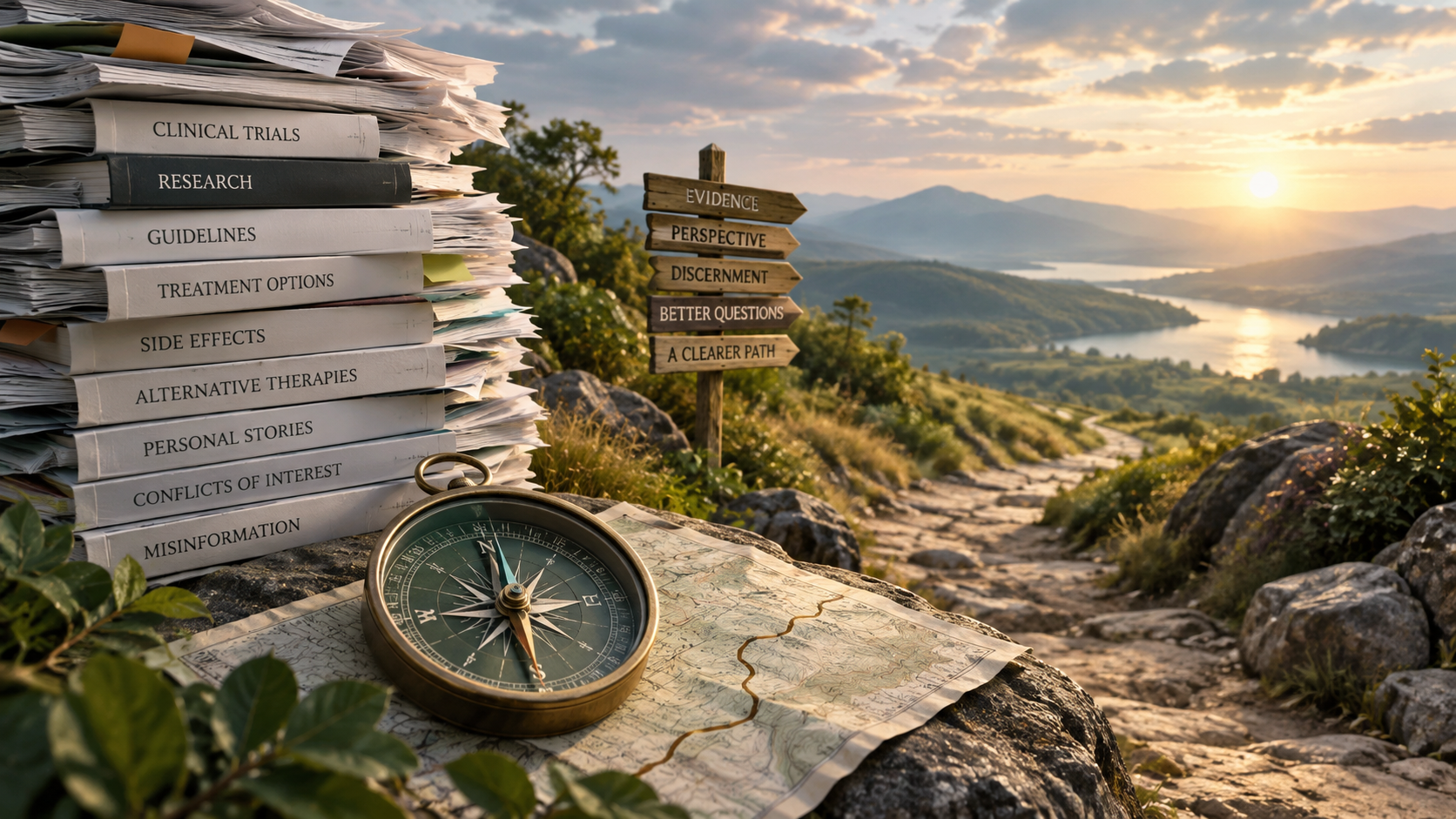 Cancer navigation concept with medical research, a compass, and a path toward clearer evidence-based decisions.