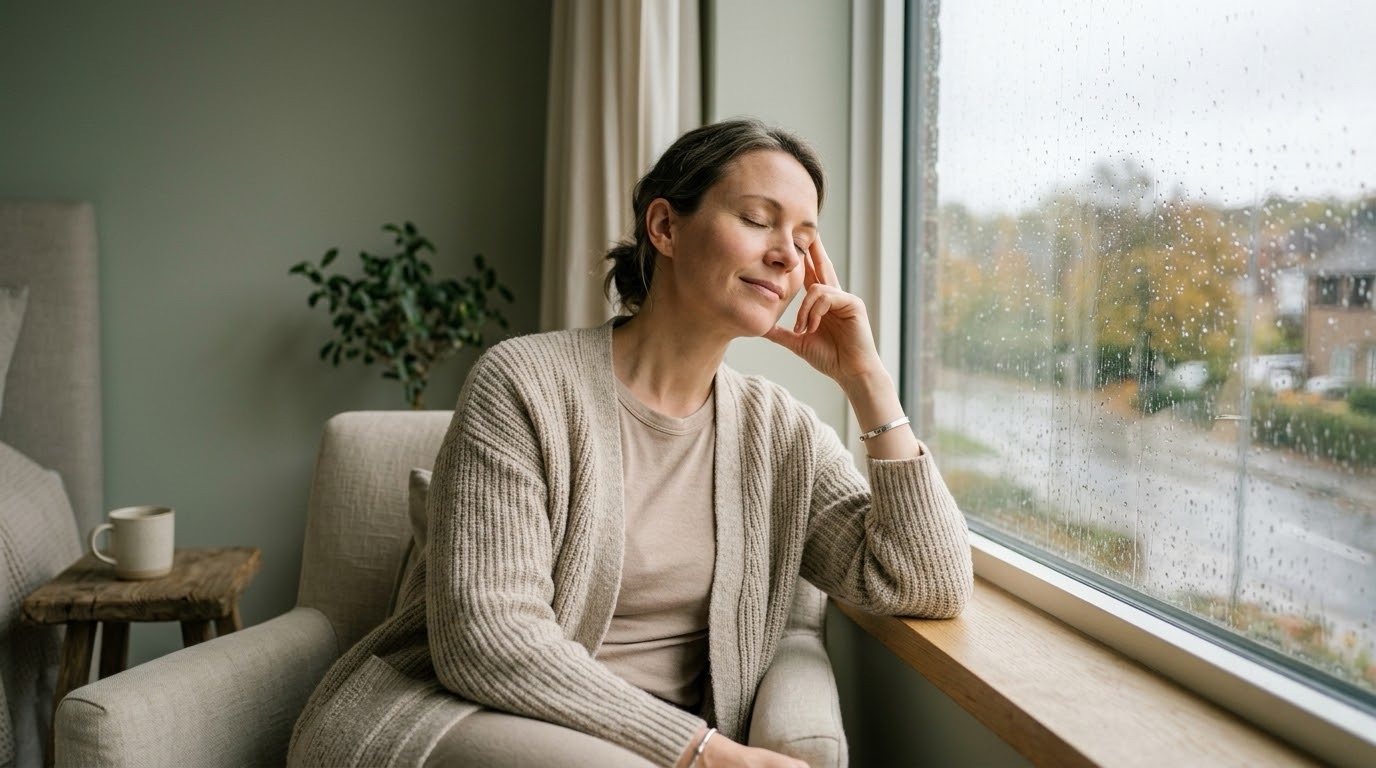 A woman resting quietly by a rain-streaked window, hand at her temple, in soft overcast light
