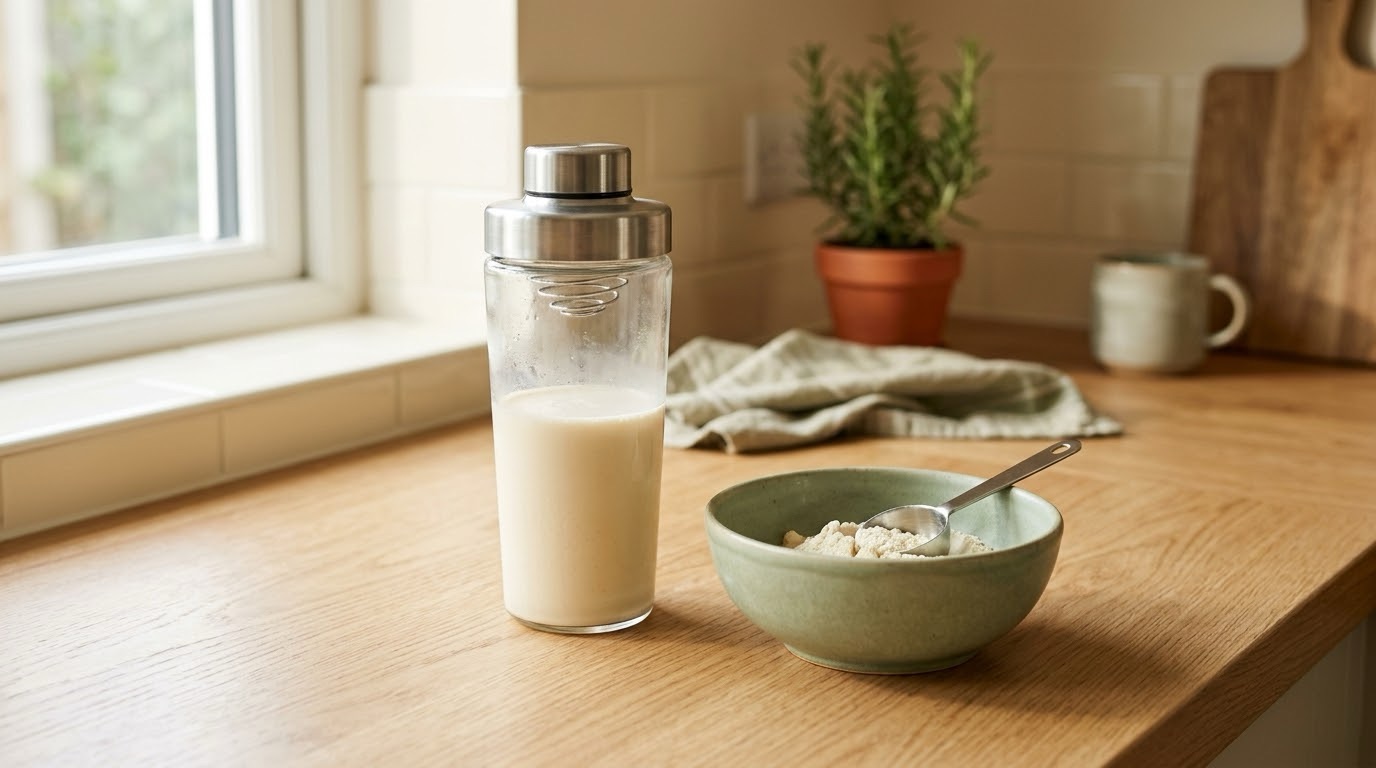 A glass protein shaker and scoop of powder on a sunlit kitchen counter
